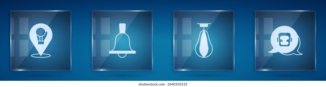Set Boxing glove, bell, Punching bag and helmet. Square glass panels. Vector