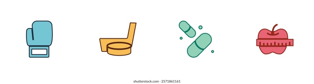 Set Boxing glove, Ice hockey stick and puck, Vitamin pill and Apple measuring tape icon. Vector