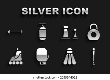 Set Boxing glove, Kettlebell, Baseball bat, Badminton shuttlecock, Roller skate, Chess, Barbell and Punching bag icon. Vector