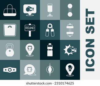 Set Boxing glove, Punch boxing, Dumbbell, Punching bag, ring board, Bathroom scales, Sport and expander icon. Vector