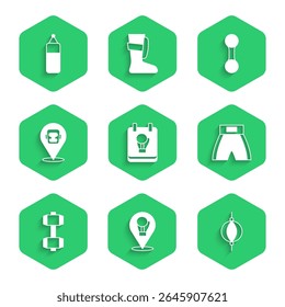 Set Boxing glove, Punching bag, short, Dumbbell, helmet,  and  icon. Vector