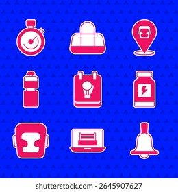Set Boxing glove, ring, bell, Energy drink, helmet, Fitness shaker,  and Stopwatch icon. Vector