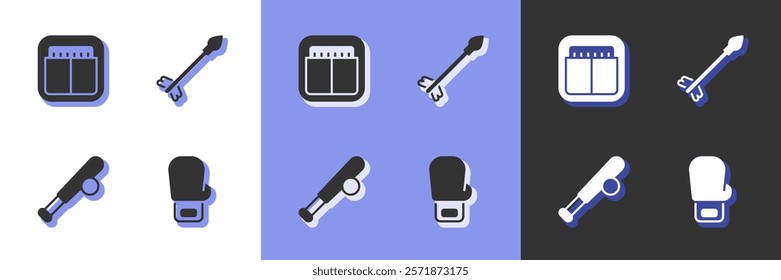 Set Boxing glove, Sport mechanical scoreboard, Baseball bat with ball and Medieval arrows icon. Vector