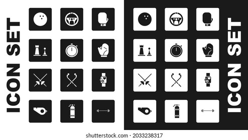 Set Boxing glove, Stopwatch, Chess, Bowling ball, Baseball, Steering wheel, Smart showing heart beat rate and Fencing icon. Vector