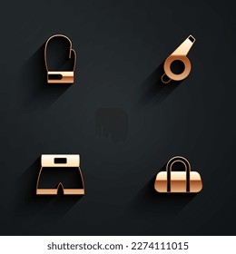 Set Boxing glove, Whistle, short and Sport bag icon with long shadow. Vector