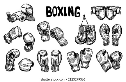 Set Boxhandschuhe hängt auf Titelskizze einzeln. Sportgeräte zum Boxen in handgezeichnet. Graviertes Design für Poster, Druck, Buchgrafik, Logo, Tattoo. Vintage, Vektorgrafik.