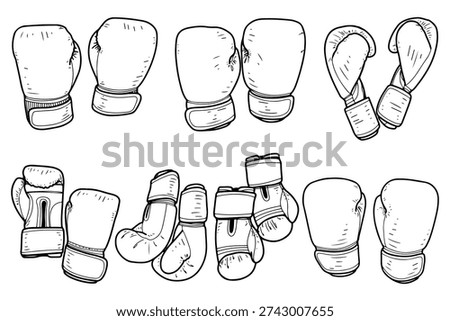Set of boxing gloves. Vector doodle hand drawn. Sports equipment. Items, inventory. Fight, duel in the ring. Match, championship. Martial arts. Line art illustration.