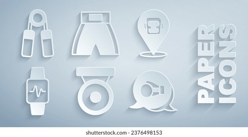 Set Boxing gong, helmet, Smart watch with heart, glove, short and Sport expander icon. Vector