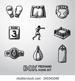 Set Of Boxing Hand Drawn Icons - Gloves, Shorts, Helmet, Round Card, Boxer, Ring, Belt, Punch Bags. Vector