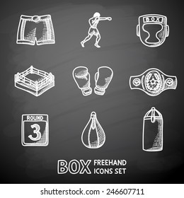 Set Of Boxing Hand Drawn On A Chalkboard Icons - Gloves, Shorts, Helmet, Round Card, Boxer, Ring, Belt, Punch Bags. Vector