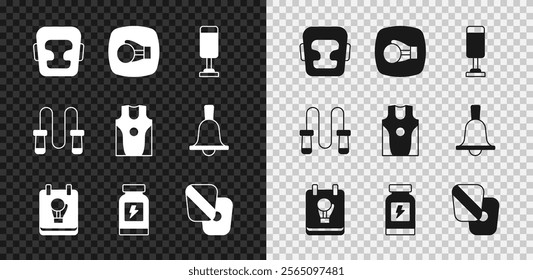 Set Boxing helmet, glove, Punching bag, Energy drink, training paws, Jump rope and jersey and t-shirt icon. Vector