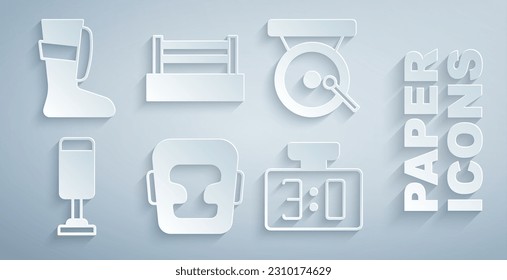 Set Boxing helmet, gong, Punching bag, Sport mechanical scoreboard, ring and boxing shoes icon. Vector