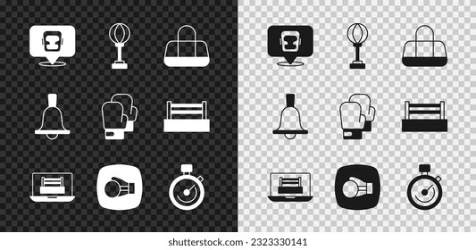 Set Boxing helmet, Punching bag, Sport, ring, glove, Stopwatch, bell and  icon. Vector