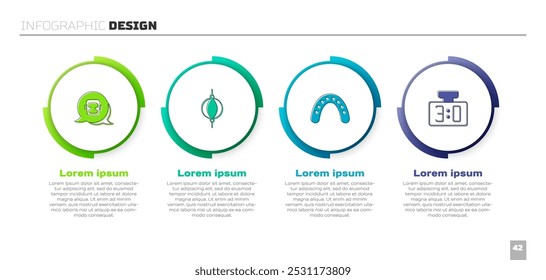 Conjunto de casco de boxeo, saco de boxeo, protector bucal boxeador y marcador mecánico deportivo. Plantilla de infografía de negocios. Vector