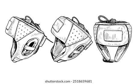 Set boxing helmets hand drawn sketch. Sports equipment. Head protection in fight. Boxers clothes. Equipment for fights, wrestling. Professional sports. Helmet on head. Vector line art illustration.