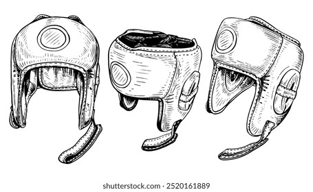 Set boxing helmets hand drawn sketch. Sports equipment. Head protection in fight. Boxers clothes. Equipment for fights, wrestling. Professional sports. Helmet on head. Vector line art illustration.