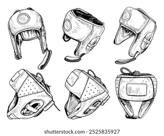 Conjunto de cascos de boxeo dibujado a mano boceto. Equipamiento deportivo. Protección de la cabeza en la lucha. Ropa de boxeadores. Equipo para peleas, lucha libre. Deportes de Profesional. Casco en la cabeza. Ilustración de arte de línea de Vector.