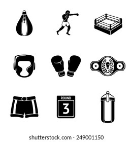 Set of boxing icons - gloves, shorts, helmet, round card, boxer, ring, belt, punch bags. Vector