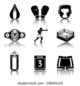 Set Of Boxing Icons With Reflections - Gloves, Shorts, Helmet, Round Card, Boxer, Ring, Belt, Punch Bags. Vector