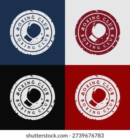 Set of boxing logo with circular stamp badge label patch emblem for boxing club logo boxing championship fight team boxing academy with rough grunge distressed textures in different color variations.