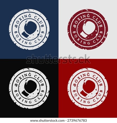 Set of boxing logo with circular stamp badge label patch emblem for boxing club logo boxing championship fight team boxing academy with rough grunge distressed textures in different color variations.