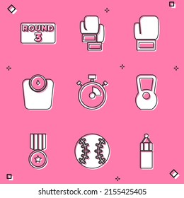 Juego tablero de boxeo, guante, báscula de baño, Stopwatch, Kettlebell, medalla e ícono de pelota de béisbol. Vector