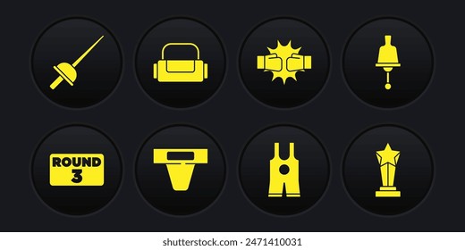 Set Boxing ring board, Ringing bell, Groin guard, Wrestling singlet, Punch boxing gloves, Sport bag, Award cup and Fencing icon. Vector