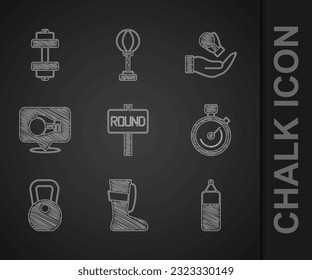 Set Boxing ring board, Sport boxing shoes, Punching bag, Stopwatch, Weight, glove,  and Dumbbell icon. Vector