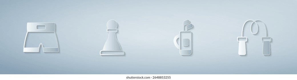 Set Boxing short, Chess, Golf bag with clubs and Jump rope. Paper art style. Vector