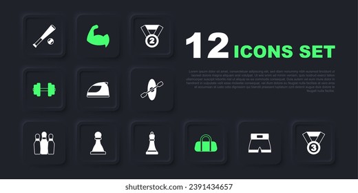 Set Boxing short, Medal, Racing helmet, Sport bag, Dumbbell, Chess, Bodybuilder showing his muscles and  icon. Vector