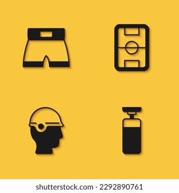 Setzen Sie Boxen kurz, Punching Tasche, Baseball Helm und Fußball Feld Symbol mit langen Schatten. Vektorgrafik