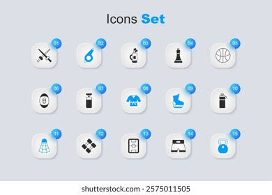 Set Boxing short, Punching bag, Whistle, Badminton shuttlecock, Weight, Fitness shaker, Fencing and Kimono icon. Vector