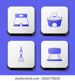 Set Boxing short, Stadium, Dart arrow and Pommel horse icon. White square button. Vector