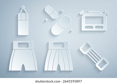 Set Boxing short, Stopwatch, Chest expander, Vitamin pill and Punching bag icon. Vector