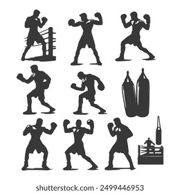 Set of boxing silhouette ,Multiple silhouettes of boxer