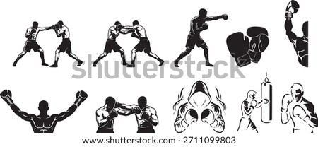 set of boxing silhouettes featuring fighters sparring, punching, and training for sports logos and gym design.