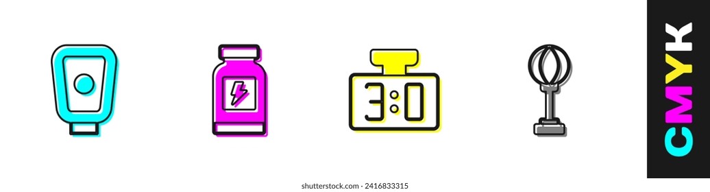 Set Boxing training paws, Energy drink, Sport mechanical scoreboard and Punching bag icon. Vector