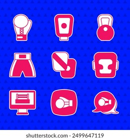 Conjunto de patas de entrenamiento de boxeo, guante, casco, anillo, corto, peso e icono. Vector