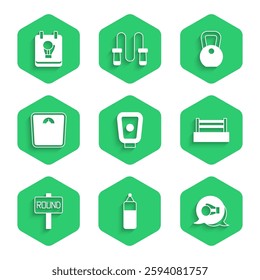 Set Boxing training paws, Punching bag, glove, ring, board, Bathroom scales, Weight and  icon. Vector