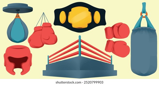 set of boxing vector illustrations. martial arts and combat sport concept. hobby, interest, lifestyle themes. gloves. ring headguard, belt, punching bag