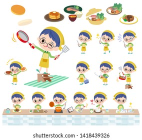 A set of boy about cooking.There are actions that are cooking in various ways in the kitchen.It's vector art so it's easy to edit.