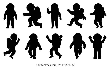Set of boy astronaut silhouettes. isolated vector on white background.