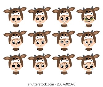 Set of boy avatar with big eyes and wide smile and different emotions in cow hat. Cute child with joyful, sad or angry face in carnival costume for holiday or new year