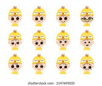 Set of boy avatar with big eyes and wide smile and different emotions in cute yellow chicken hat. Head of child with happy face for holiday Easter, carnival costume for party. Vector flat illustration