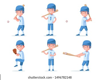 Set of boy baseball player in sports uniform. A group of a small child in baseball ammunition plays with a bat and a ball. Vector illustration isolated on white, flat style.