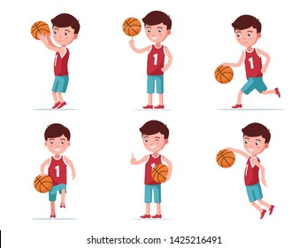 Set boy basketball player playing with a ball. Collection of a young child in sportswear is trained with a ball in various poses. Vector illustration isolated on white, flat style.