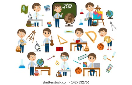 A set of boy with brown hair school student. Student in different lessons: science, history, sports, art, maths, English, information technology, music. Conducting experiments. Cute vector