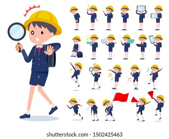 A set of boy carrying school bag with digital equipment such as smartphones.There are actions that express emotions.It's vector art so it's easy to edit.
