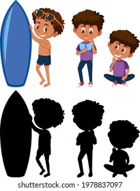Set of a boy cartoon character in different positions with its silhouette illustration