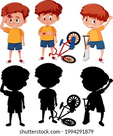 Set of a boy cartoon character in different positions with its silhouette illustration